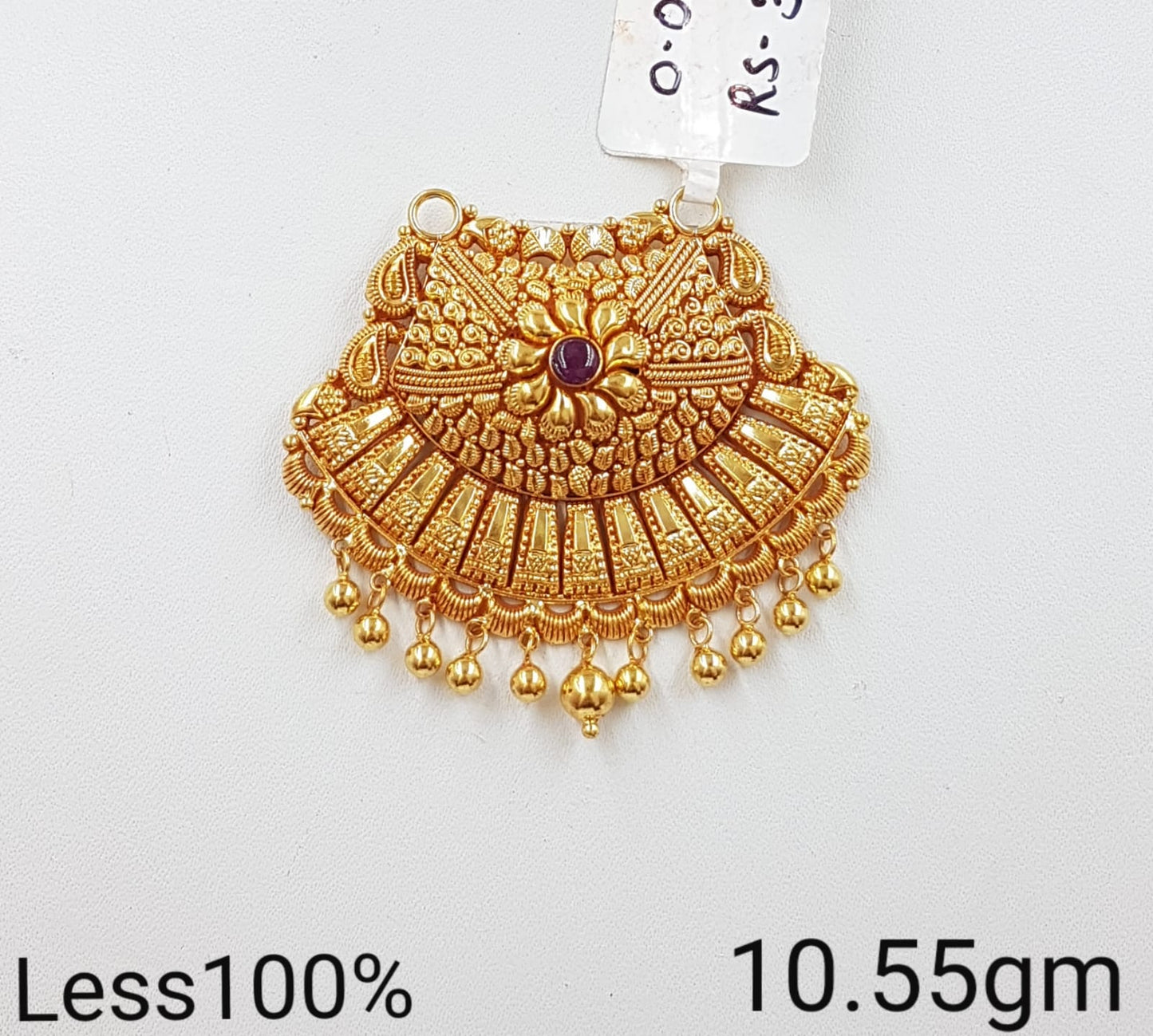 Antique Floral Fan-Shaped Gold Pendant with Ruby Accent