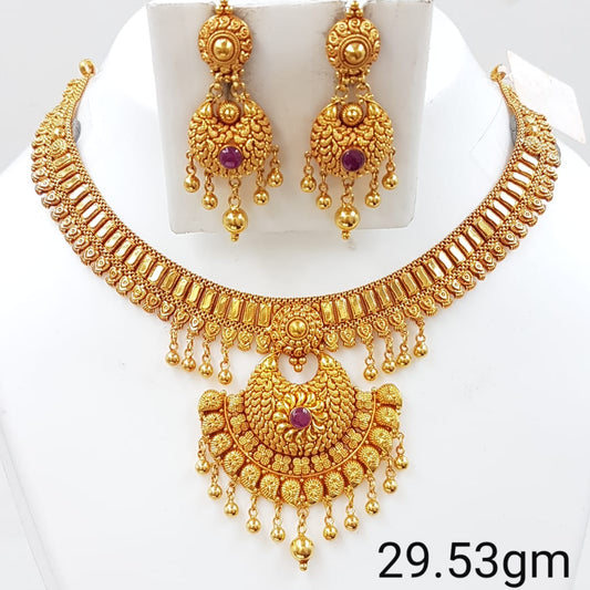 Antique Temple Style Gold Necklace with Ruby Accents